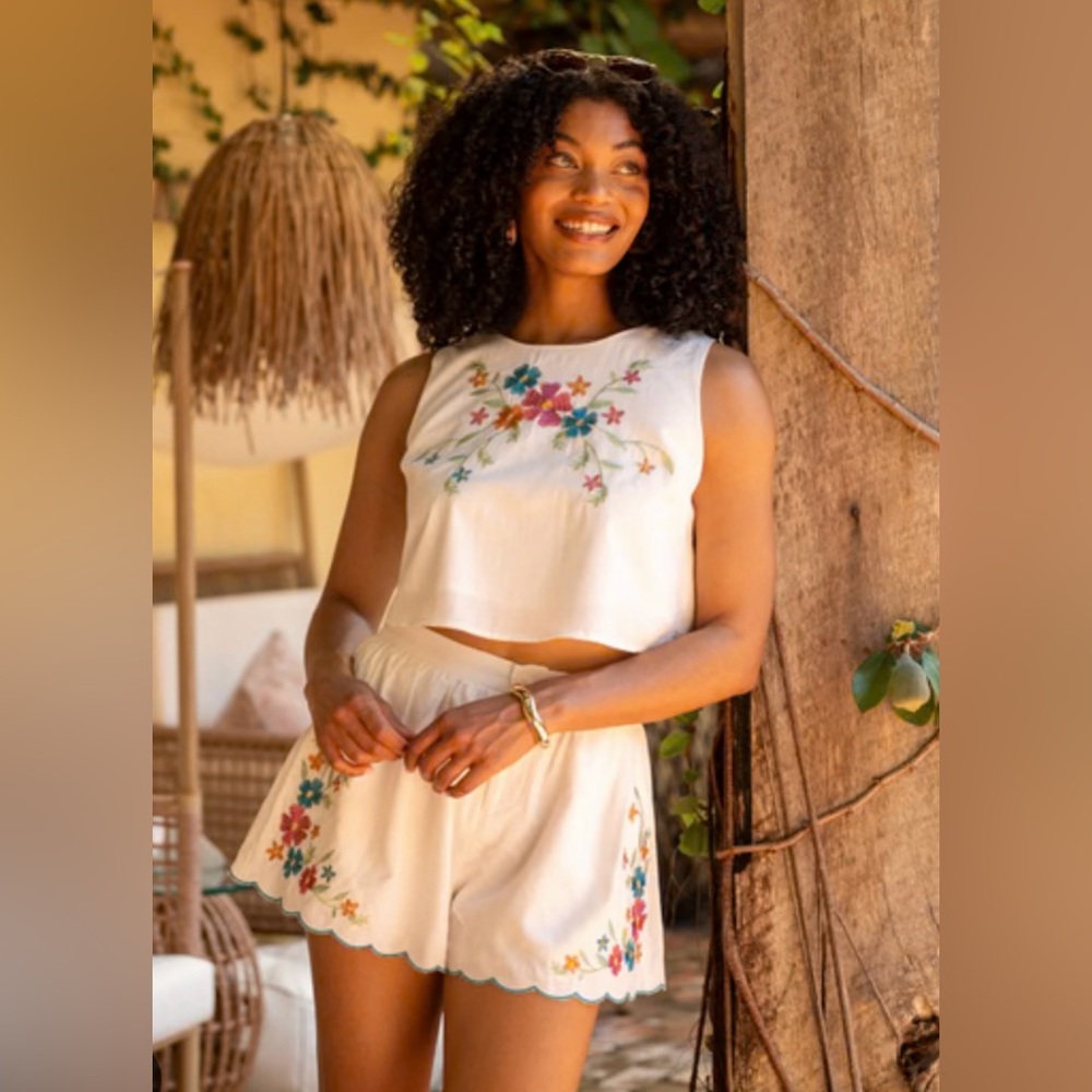 Pink Lily Embroidered White Two-Piece Set